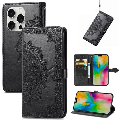 For iPhone 16 Pro Max Wallet Case Mandala Flower Leather Phone Cover Stand View