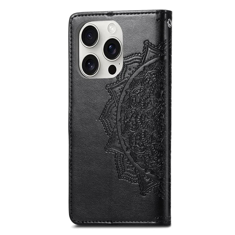 For iPhone 16 Pro Max Wallet Case Mandala Flower Leather Phone Cover Stand View