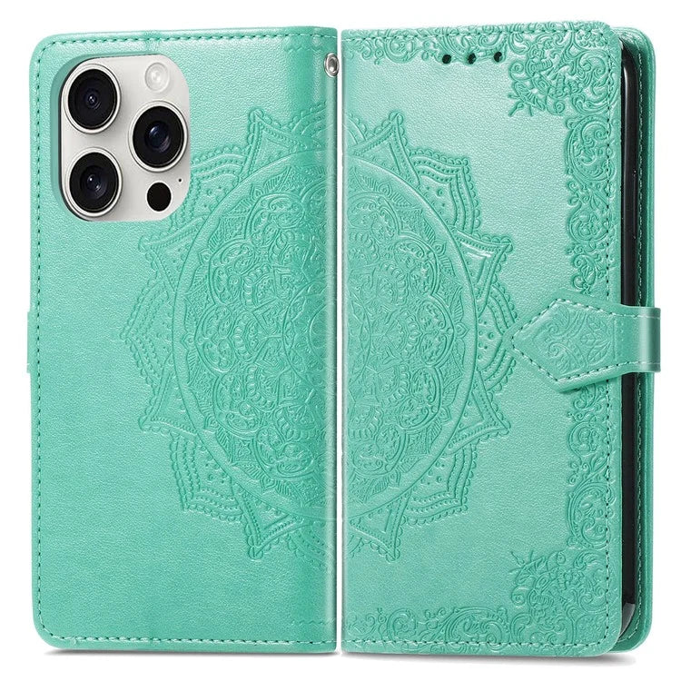 For iPhone 16 Pro Max Wallet Case Mandala Flower Leather Phone Cover Stand View