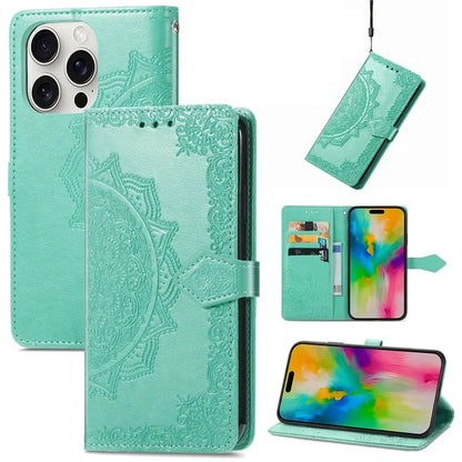 For iPhone 16 Pro Max Wallet Case Mandala Flower Leather Phone Cover Stand View