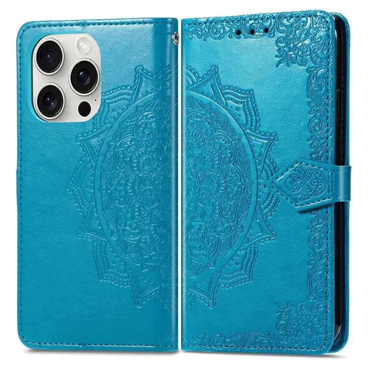 For iPhone 16 Pro Max Wallet Case Mandala Flower Leather Phone Cover Stand View