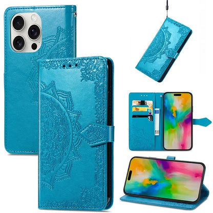 For iPhone 16 Pro Max Wallet Case Mandala Flower Leather Phone Cover Stand View