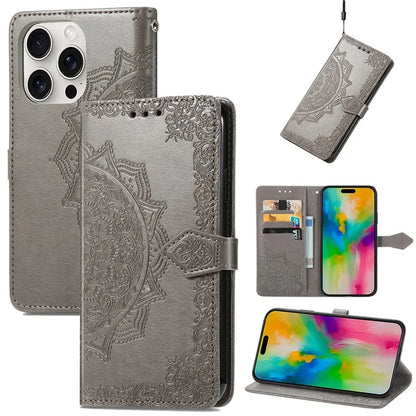 For iPhone 16 Pro Max Wallet Case Mandala Flower Leather Phone Cover Stand View