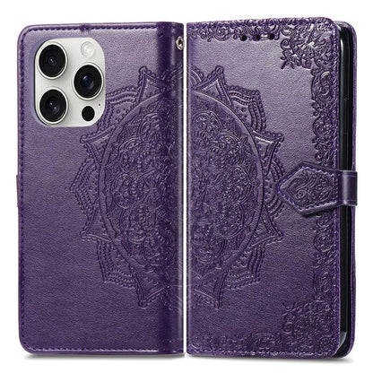 For iPhone 16 Pro Max Wallet Case Mandala Flower Leather Phone Cover Stand View