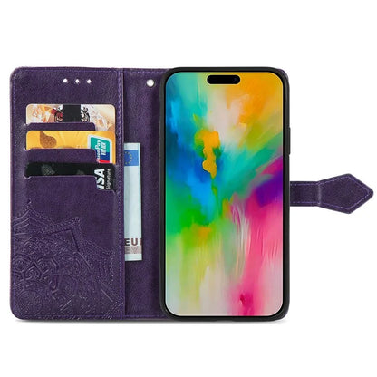 For iPhone 16 Pro Max Wallet Case Mandala Flower Leather Phone Cover Stand View