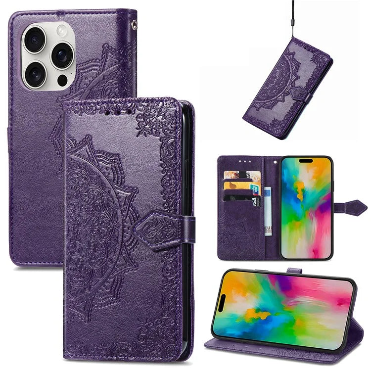 For iPhone 16 Pro Max Wallet Case Mandala Flower Leather Phone Cover Stand View