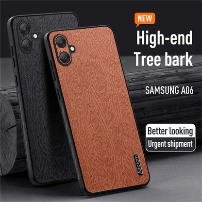 For Samsung Galaxy A06 Case Wood Texture PU Leather Coated PC+TPU Phone Cover