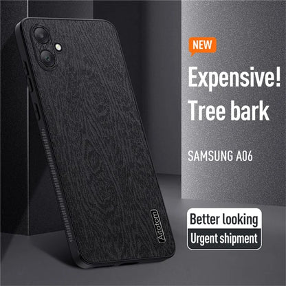 For Samsung Galaxy A06 Case Wood Texture PU Leather Coated PC+TPU Phone Cover