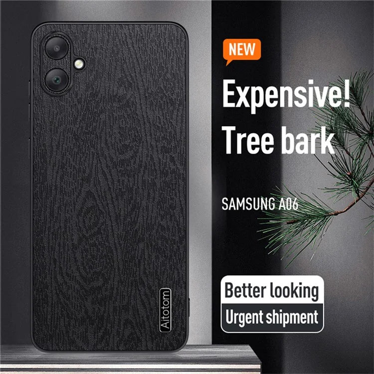 For Samsung Galaxy A06 Case Wood Texture PU Leather Coated PC+TPU Phone Cover