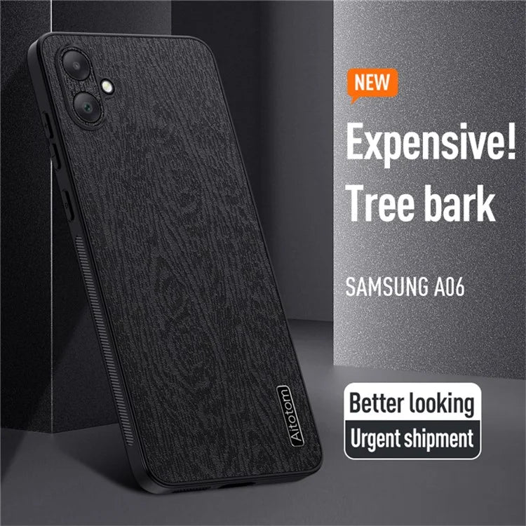 For Samsung Galaxy A06 Case Wood Texture PU Leather Coated PC+TPU Phone Cover