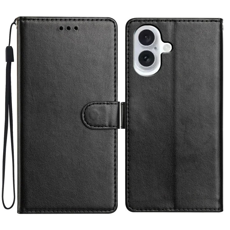 For iPhone 16 Plus Leather Phone Case Wallet Stand Cover with Handy Strap