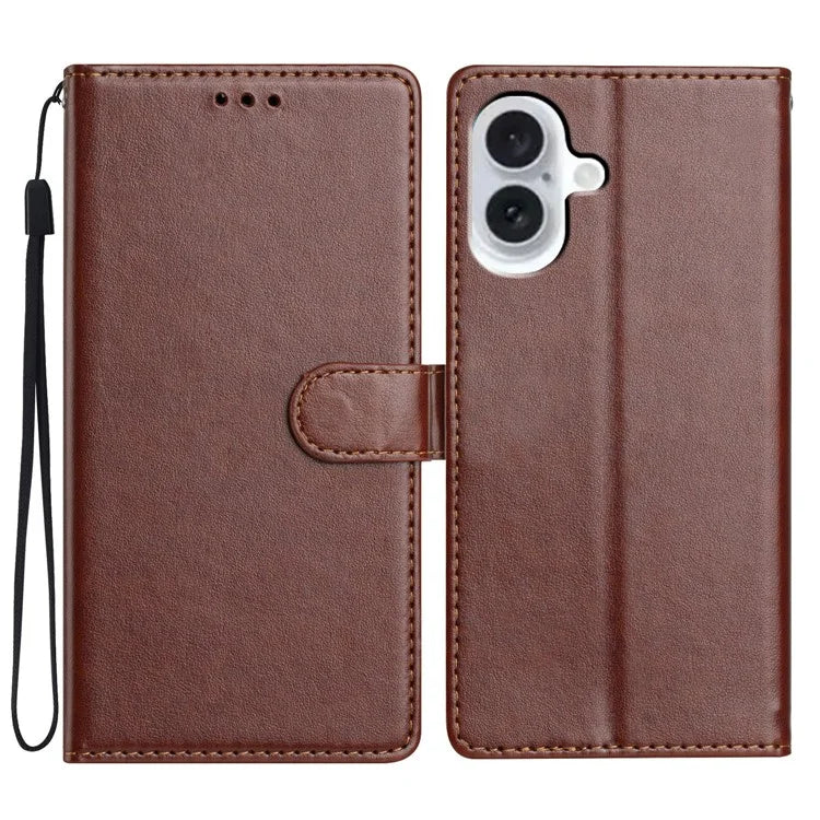 For iPhone 16 Plus Leather Phone Case Wallet Stand Cover with Handy Strap