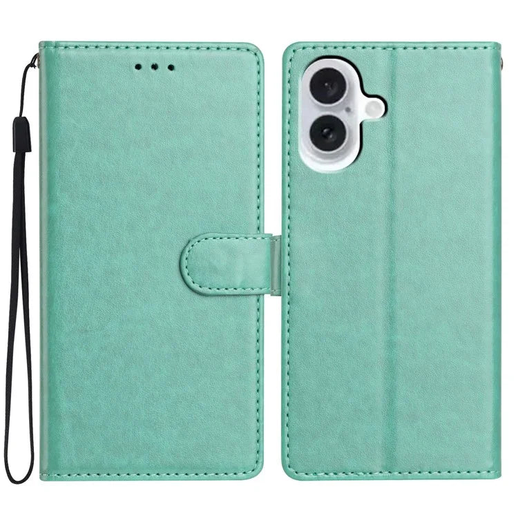 For iPhone 16 Plus Leather Phone Case Wallet Stand Cover with Handy Strap