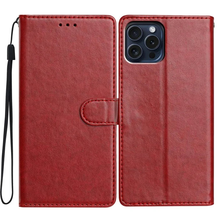 For iPhone 16 Pro Leather Phone Case Wallet Stand Cover with Handy Strap