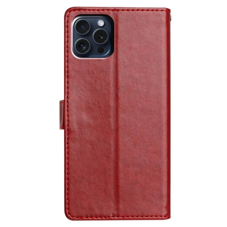 For iPhone 16 Pro Leather Phone Case Wallet Stand Cover with Handy Strap