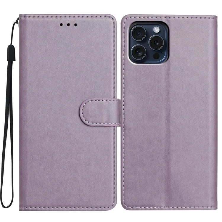 For iPhone 16 Pro Leather Phone Case Wallet Stand Cover with Handy Strap
