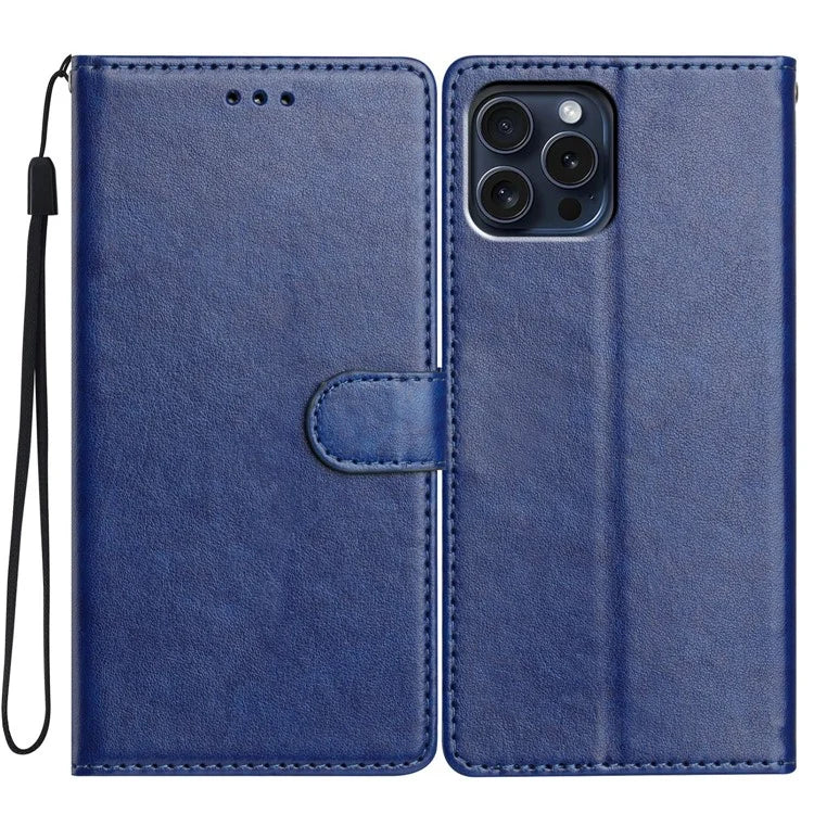 For iPhone 16 Pro Leather Phone Case Wallet Stand Cover with Handy Strap