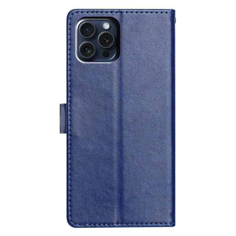 For iPhone 16 Pro Leather Phone Case Wallet Stand Cover with Handy Strap