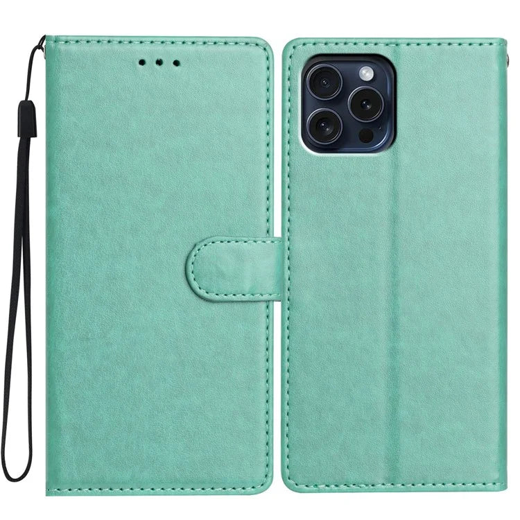 For iPhone 16 Pro Leather Phone Case Wallet Stand Cover with Handy Strap
