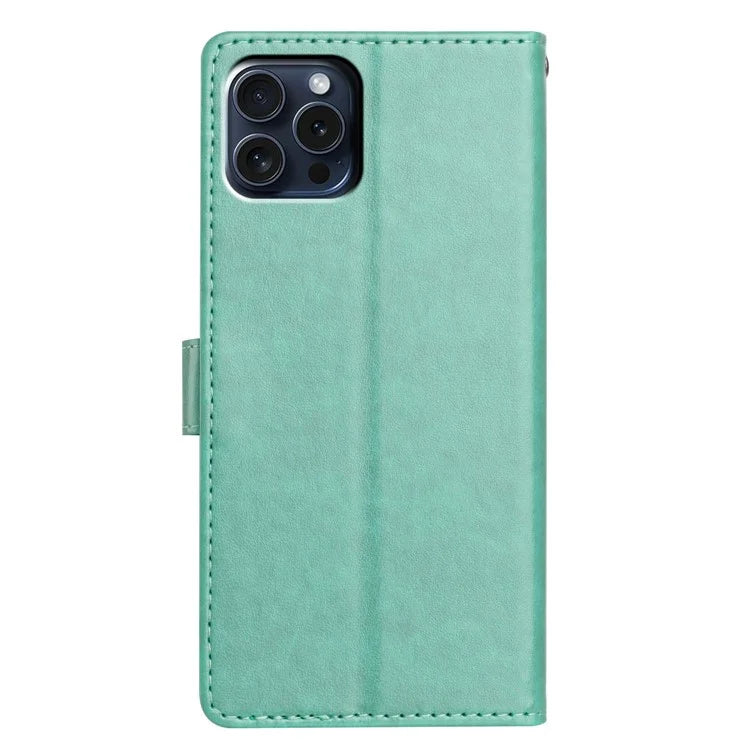 For iPhone 16 Pro Leather Phone Case Wallet Stand Cover with Handy Strap