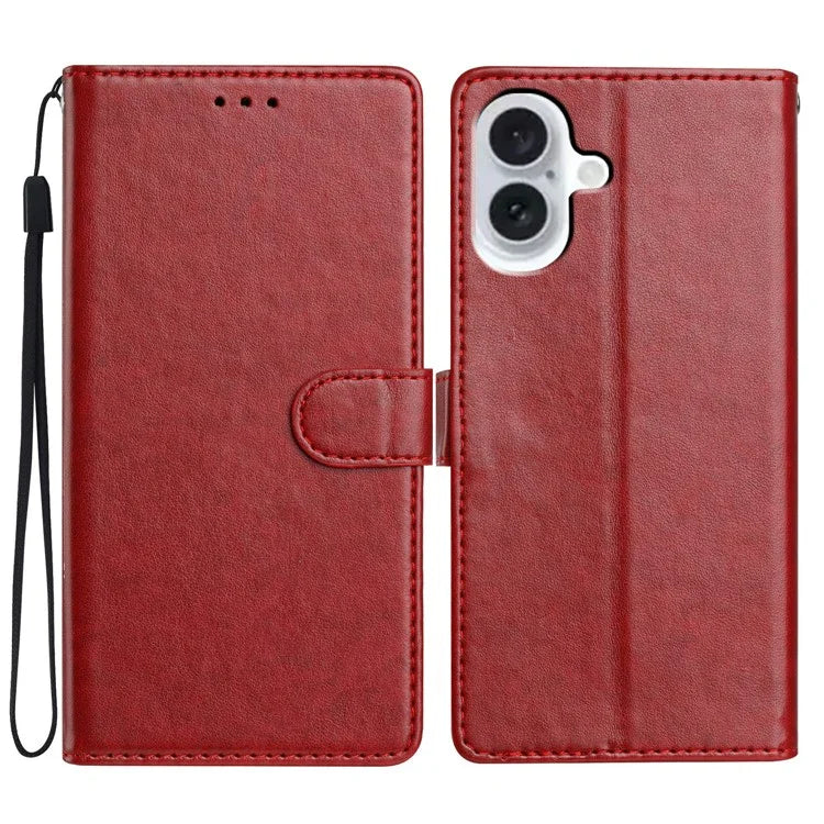 For iPhone 16 Leather Phone Case Wallet Stand Cover with Handy Strap