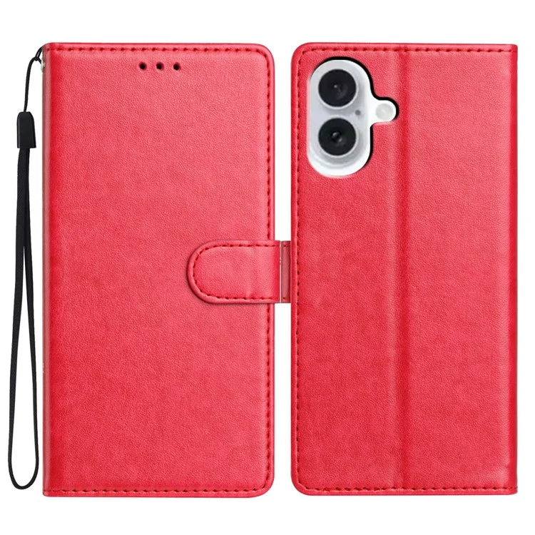 For iPhone 16 Leather Phone Case Wallet Stand Cover with Handy Strap