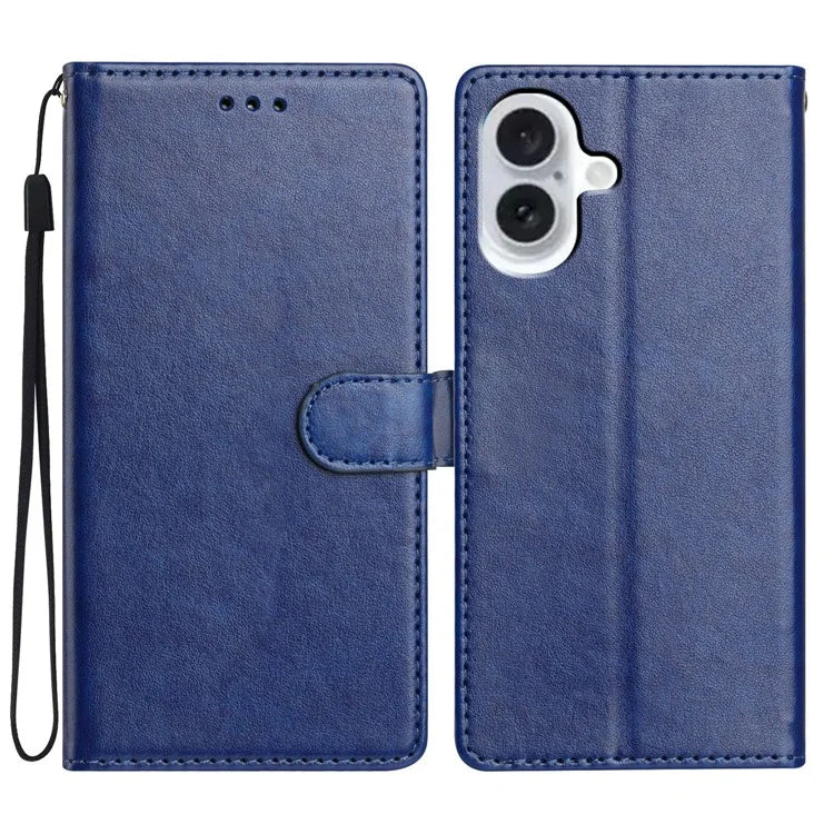 For iPhone 16 Leather Phone Case Wallet Stand Cover with Handy Strap