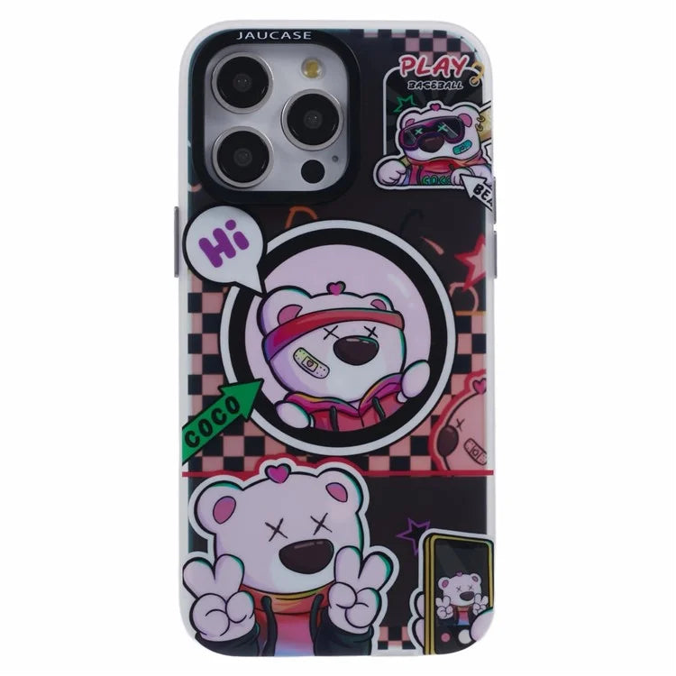 JAUCASE For iPhone 15 Pro Max Case Compatible with MagSafe Bear Pattern PC+TPU Matte Phone Cover
