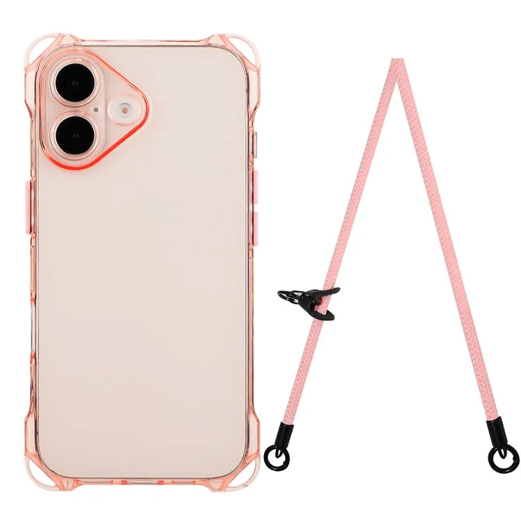 For iPhone 16 TPU Case Four Corner Drop-Proof Back Cover with Long Strap