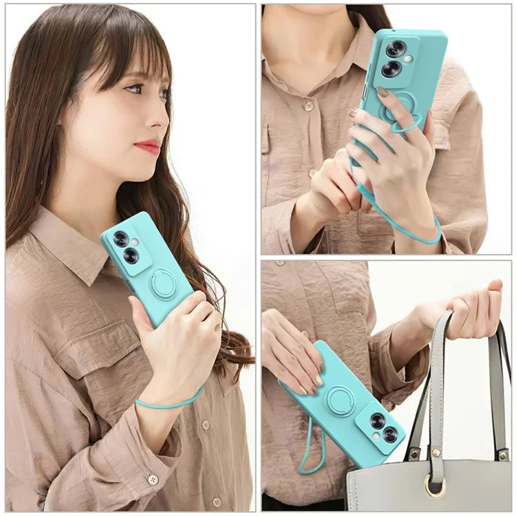 For Oppo A79 5G Silicone Case with Strap Ring Kickstand Phone Cover