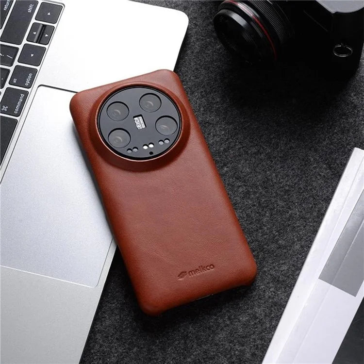 MELKCO For Xiaomi 14 Ultra Case Waxy Genuine Cow Leather PC Phone Back Cover