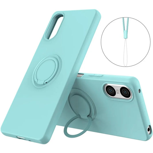 For Sony Xperia 10 VI Silicone Case with Strap Ring Kickstand Phone Cover