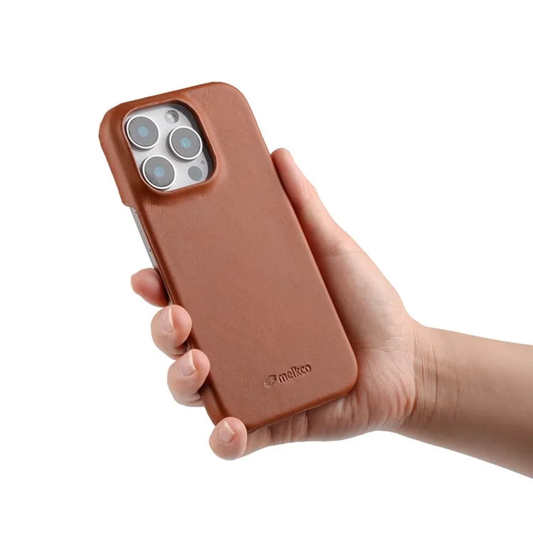 MELKCO For iPhone 16 Pro Case Compatible with MagSafe Waxy Genuine Cow Leather PC Phone Back Cover