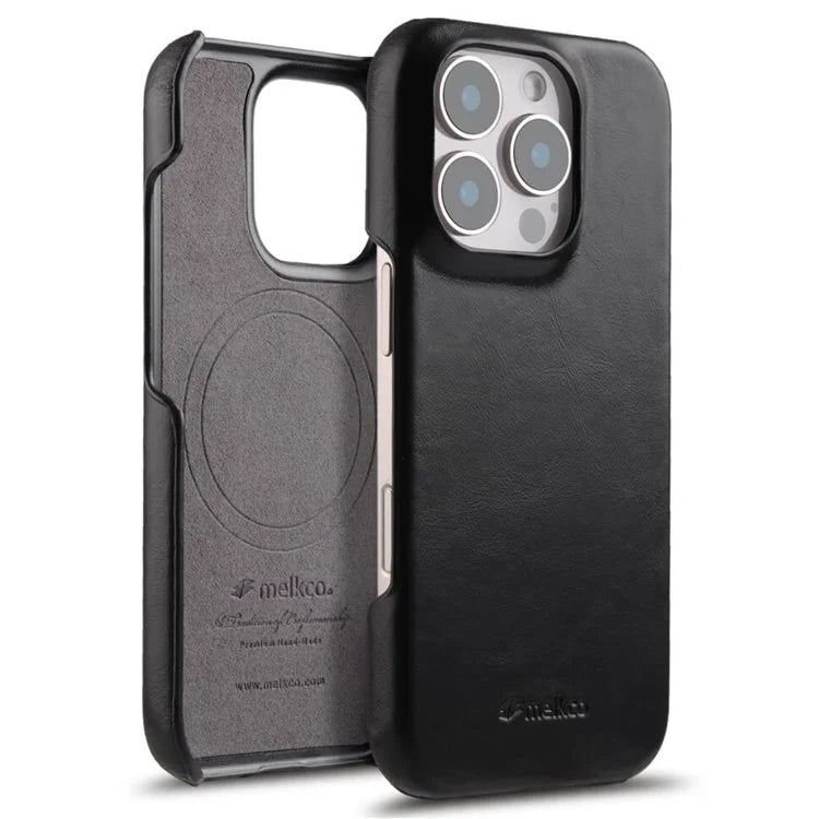MELKCO For iPhone 16 Pro Max Case Compatible with MagSafe Waxy Genuine Cow Leather PC Phone Back Cover