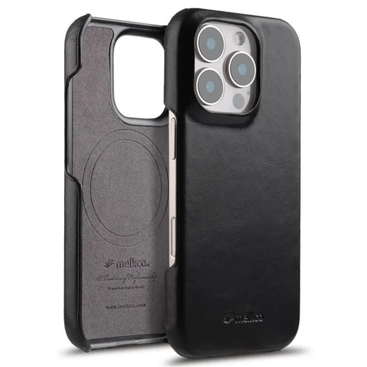 MELKCO For iPhone 16 Pro Max Case Compatible with MagSafe Waxy Genuine Cow Leather PC Phone Back Cover