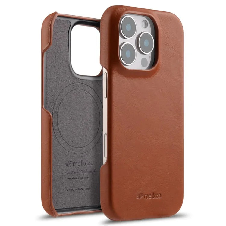 MELKCO For iPhone 16 Pro Max Case Compatible with MagSafe Waxy Genuine Cow Leather PC Phone Back Cover