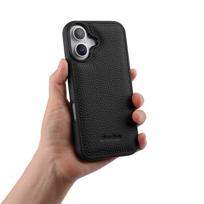 MELKCO For iPhone 16 Case Genuine Cow Leather Coated PC Phone Cover