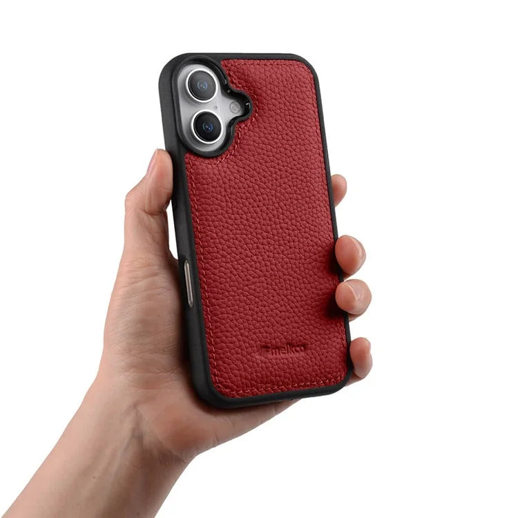 MELKCO For iPhone 16 Case Genuine Cow Leather Coated PC Phone Cover