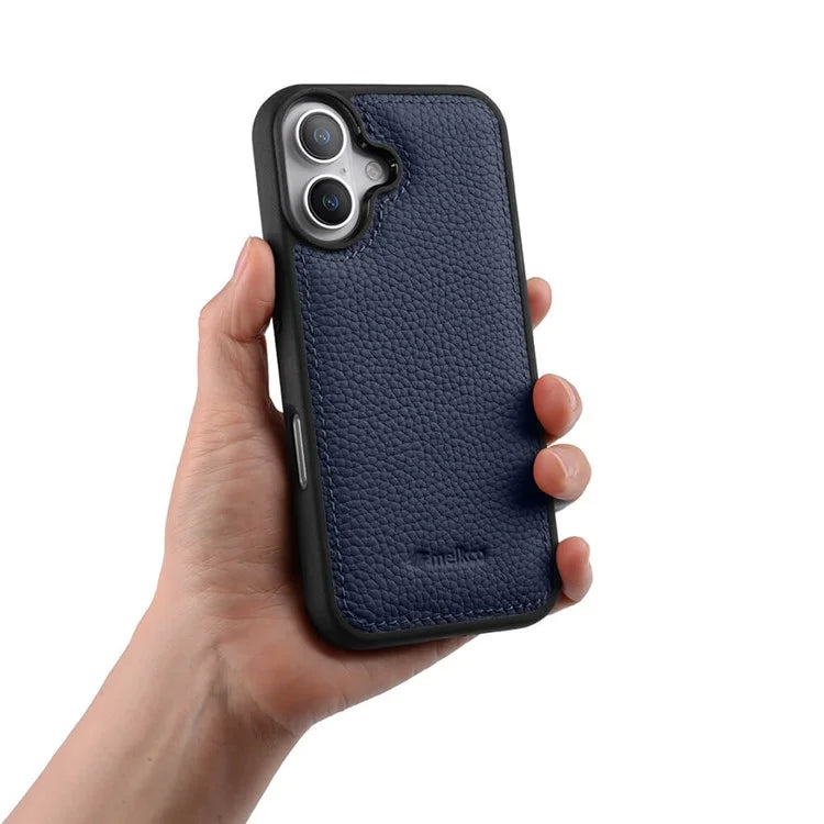 MELKCO For iPhone 16 Case Genuine Cow Leather Coated PC Phone Cover