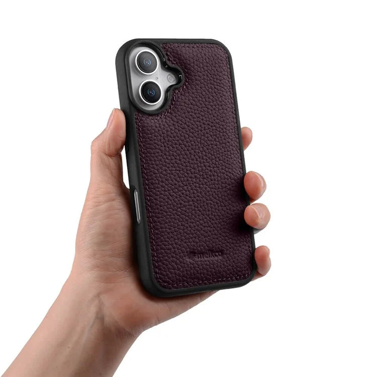 MELKCO For iPhone 16 Case Genuine Cow Leather Coated PC Phone Cover