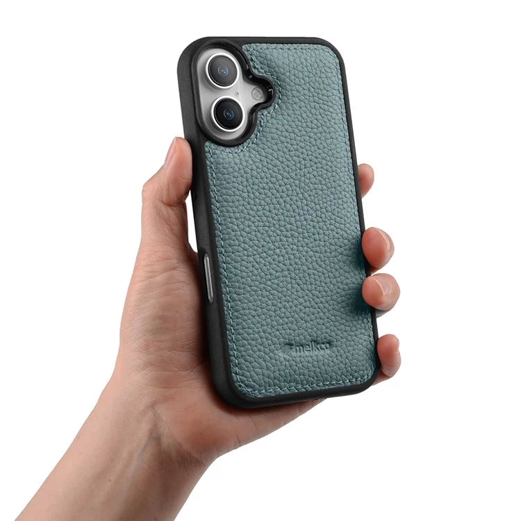MELKCO For iPhone 16 Case Genuine Cow Leather Coated PC Phone Cover