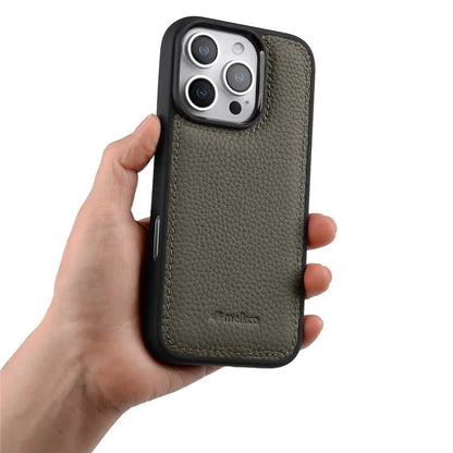 MELKCO For iPhone 16 Pro Case Genuine Cow Leather Coated PC Phone Cover