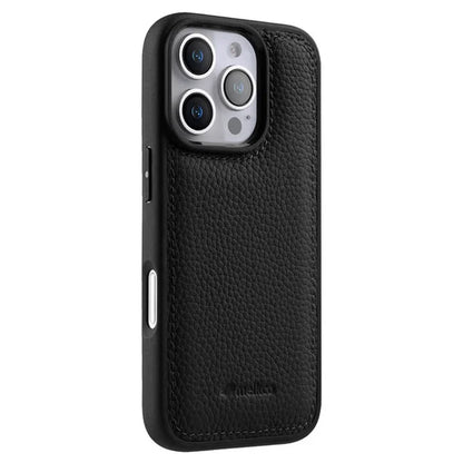 MELKCO For iPhone 16 Pro Case Genuine Cow Leather Coated PC Phone Cover