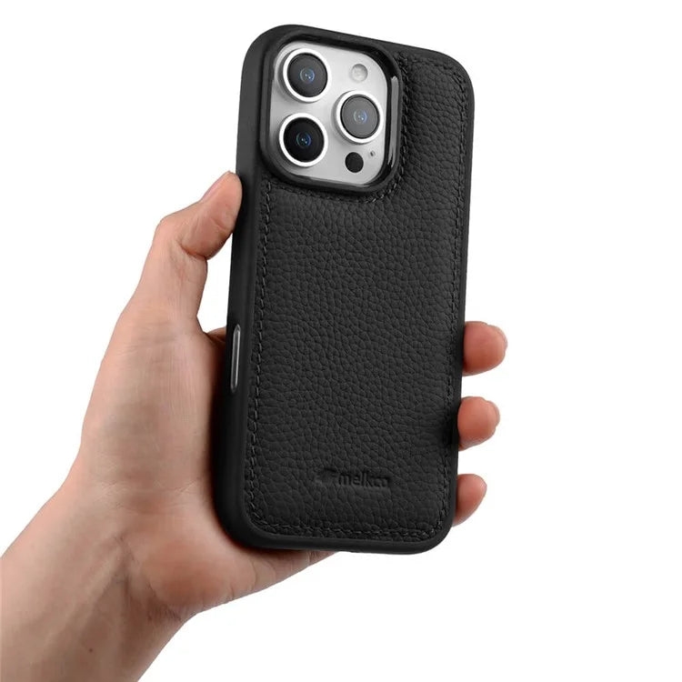 MELKCO For iPhone 16 Pro Case Genuine Cow Leather Coated PC Phone Cover