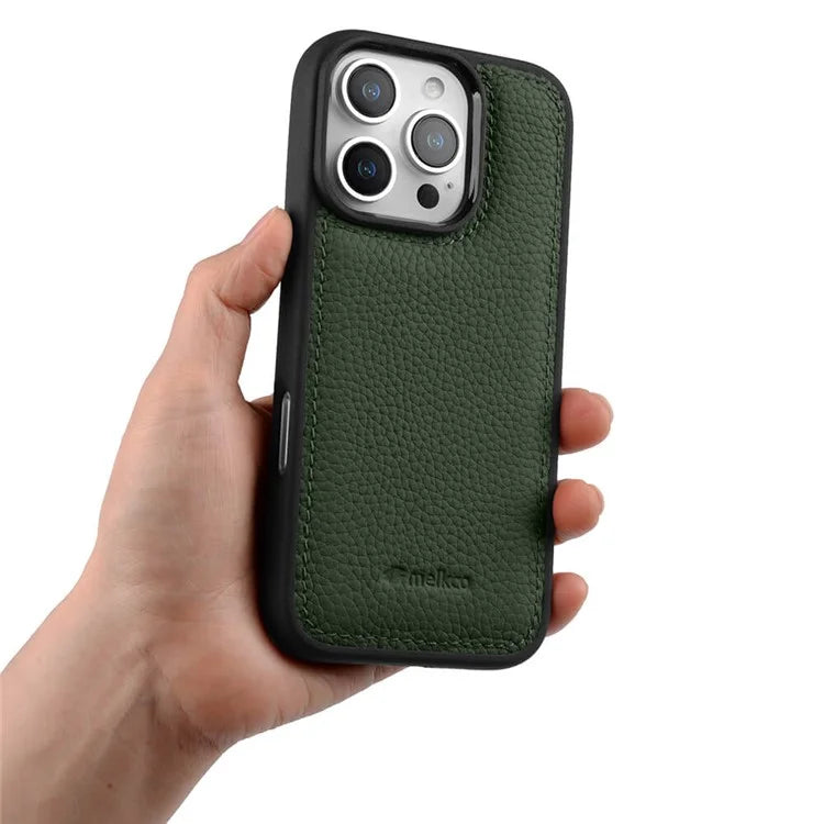 MELKCO For iPhone 16 Pro Max Case Genuine Cow Leather Coated PC Phone Cover
