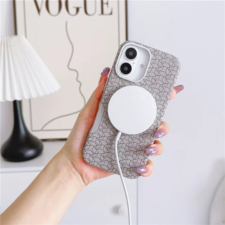 For iPhone 16 Plus Case Compatible with MagSafe Anti-Drop PU+TPU Phone Cover Geometric Pattern