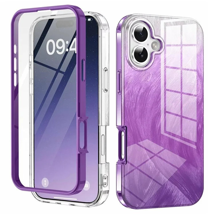 For iPhone 16 Case Gradient Feather Pattern PC+TPU Phone Cover Built-In PET Screen Film