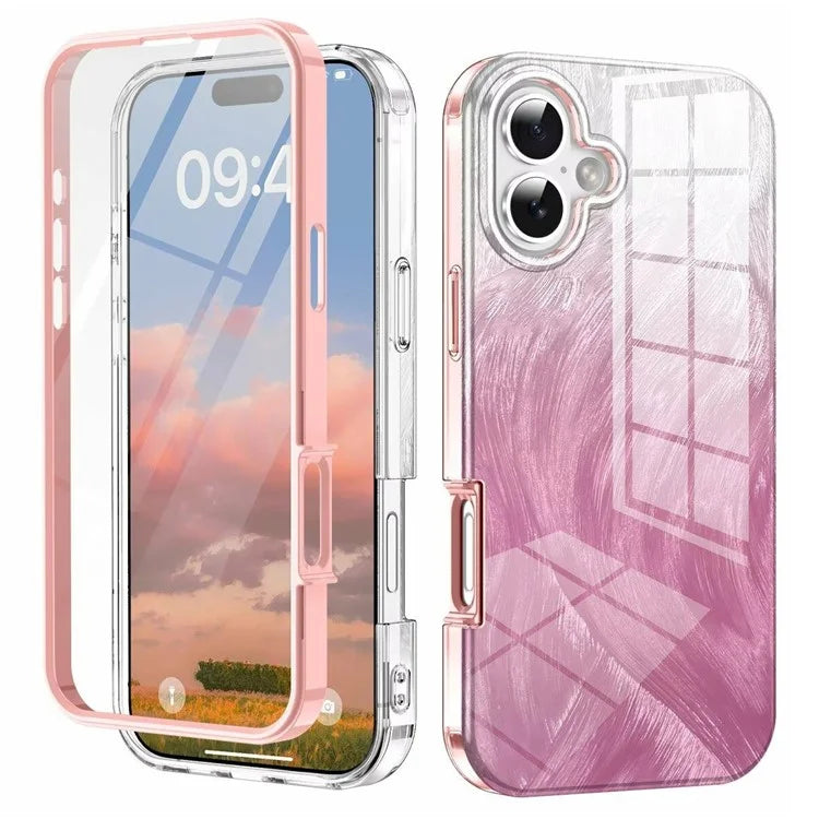 For iPhone 16 Plus Case Gradient Feather Pattern PC+TPU Phone Cover Built-In PET Screen Film