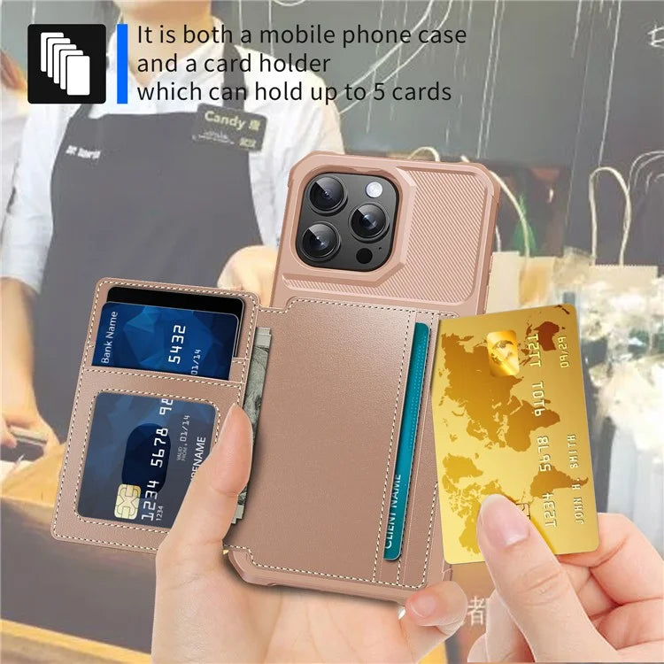 ZM03 For iPhone 16 Pro Max Case with Card Holder PU Leather+TPU Phone Back Cover