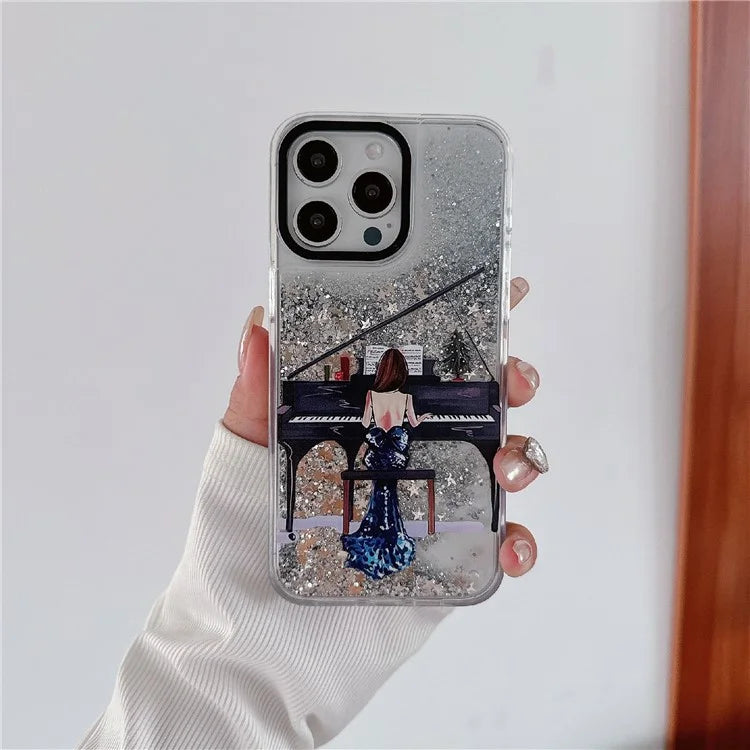 For iPhone 15 Pro Case Pattern Print Glitter Sequins Quicksand PC+TPU Phone Cover